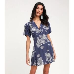 Free People Dress Blue Hawaii Washed Floral Print Short Sleeve Mini XS
